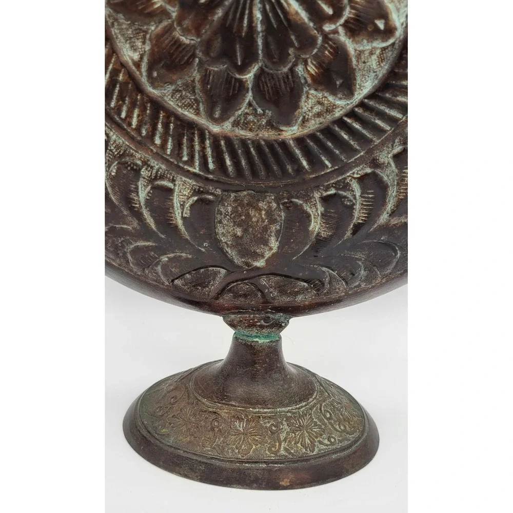 Rustic Medallion Oversized Round Metal Embossed Pedestal Vase 14.5x12.75x3 Brown